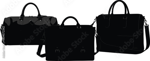 WebThree Distinct Bag Silhouettes Overlap, Featuring Duffle, Messenger, and Laptop Bags, Black Vector Icons, Travel and Business Accessories Concept, White Background Isolated.