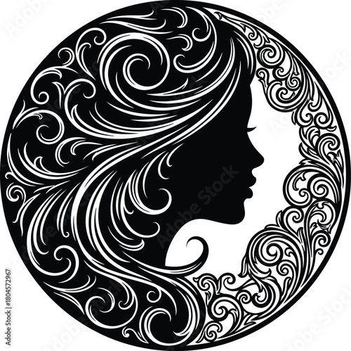 Woman silhouette with floral swirls art design for beauty salon logo icon eps