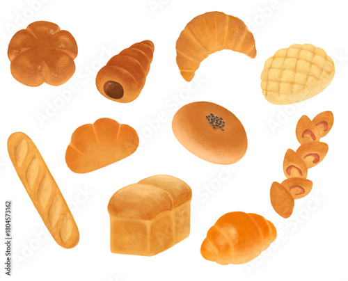 パン　イラストセット　水彩風