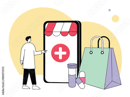 Person pointing at smartphone displaying medical store with shopping bag and pills online pharmacy