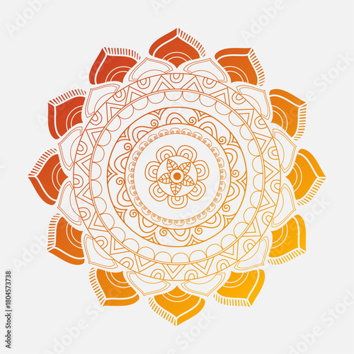 A vibrant mandala featuring red–orange gradient petals with detailed inner patterns. Perfect for spiritual art, decorative prints, invitations, and branding designs.