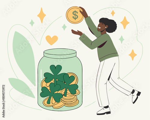 Person saving gold coins and shamrocks in a jar with a white background saving money luck