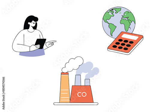 Person using tablet near factory emitting C O2 and planet earth with calculator carbon dioxide