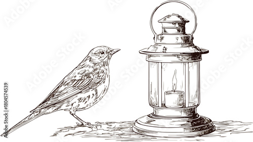 Exquisite Lantern with Bird Vector Illustration and Outline for Design Projects