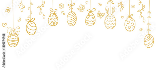 Easter eggs golden hanging horizontal garland, eggs with rope, bows, decorations, leaves and butterfly ornament. Holiday line hand drawn doodle sketch border. 