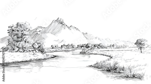 Serene Landscape with River and Majestic Mountains Drawing