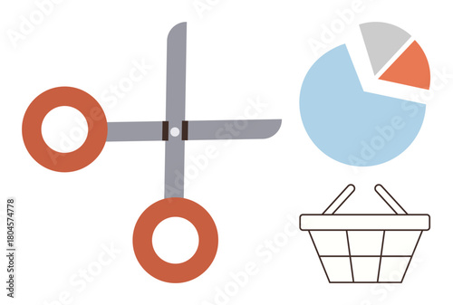 Scissors cutting through expenses next to a pie chart and shopping basket. Ideal for finance, budgeting, cost-cutting, shopping, economy, resource allocation, and savings. Simple flat metaphor