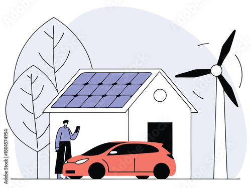 Person with smartphone near coral car solar powered house and wind turbine solar panels