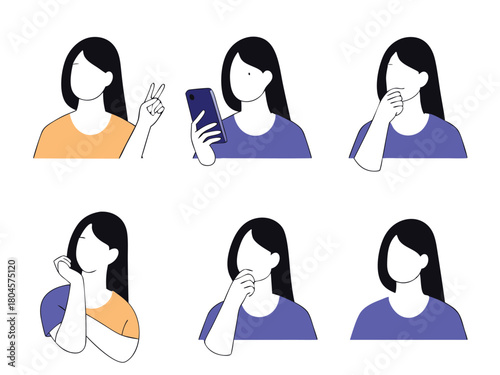 Six Diverse Poses of a Faceless Woman with Black Hair and Colored Tops on White Background illustration