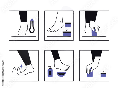 Six Step Foot Care Routine With Minimalist Line Art Illustrations On White Background steps