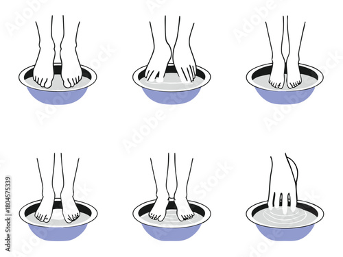 Six Step Illustration of Feet and Hands in Water Bowls washing