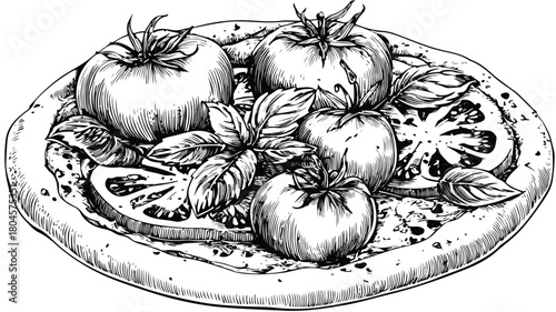 Delicious Pizza with Fresh Tomatoes and Basil - Vector Illustration
