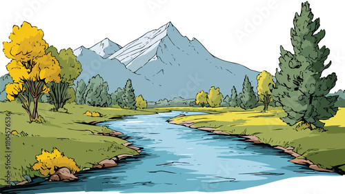 Scenic River and Mountain Vector Illustration for Professional Designs
