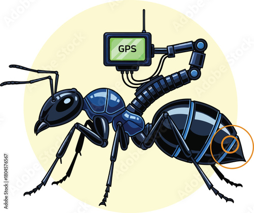 Ant with gps tracking device illustration insect navigation technology eps silhouette