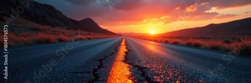 Cracked asphalt ribbon vanishes into distant shimmering heat , vanishing point, desert, sun