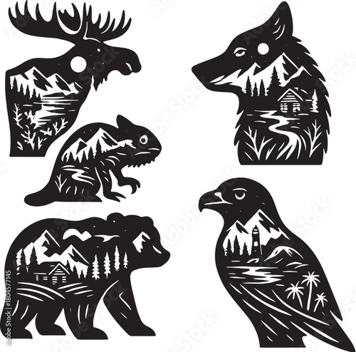 Iconic North American Animals Double Exposure Vector Illustration.eps