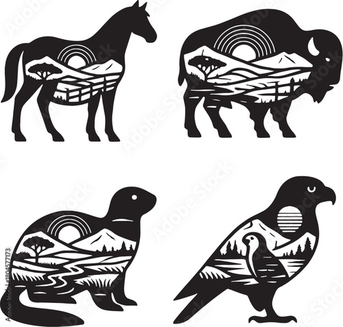 Grassland Animals Double Exposure Vector Illustration.eps
