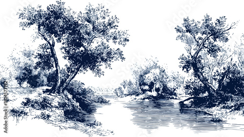 Serene River with Trees and Clear Water Vector Illustration