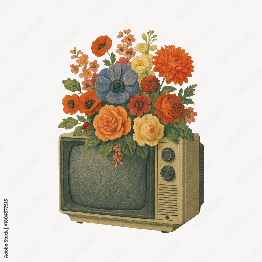 Obraz premium Vintage television with blooming flowers