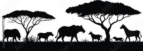 African savanna wildlife silhouette vector illustration, safari animals grazing under acacia trees, black nature landscape graphic design