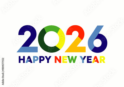 Colorful graphic design displaying "2026 Happy New Year" with each digit and word in a different vibrant color against a white background.
