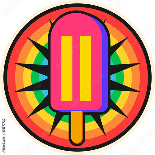 Fast food ice cream retro Y2K sticker or symbol. Fast food menu funky vector sticker, takeout restaurant patch. Takeaway meal label with vibrant colors fruit ice cream, frozen juice dessert