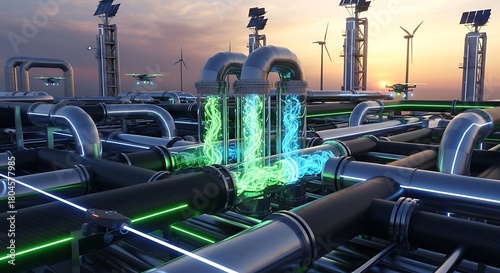 Wallpaper Mural Futuristic carbon capture and recycling facility with an intricate pipeline network powered by wind and solar energy Torontodigital.ca