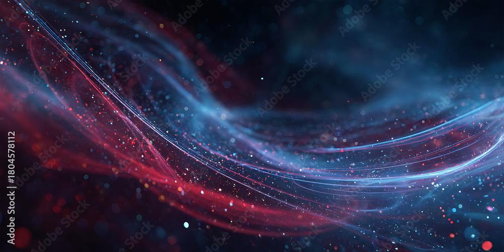 Fototapeta premium Dynamic red and blue digital light wave background with flowing energy streak particles