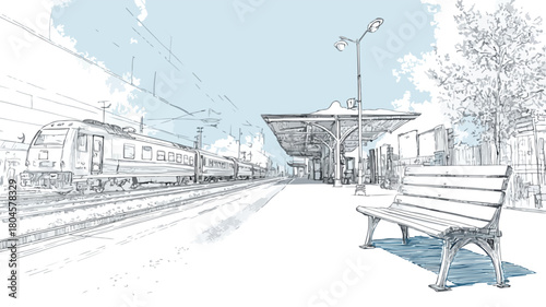 Modern Train Station Illustration with Train and Passengers Traveling