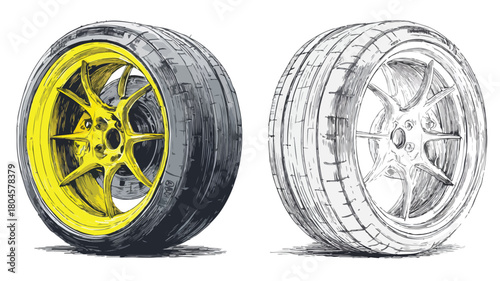 Professional Drawing of Tire with Yellow Rim on White Background