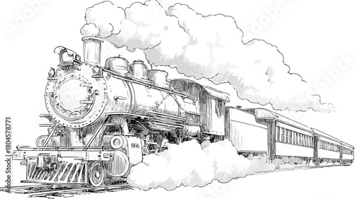 Vintage Train Illustration with Smoke Billowing Vector Artwork