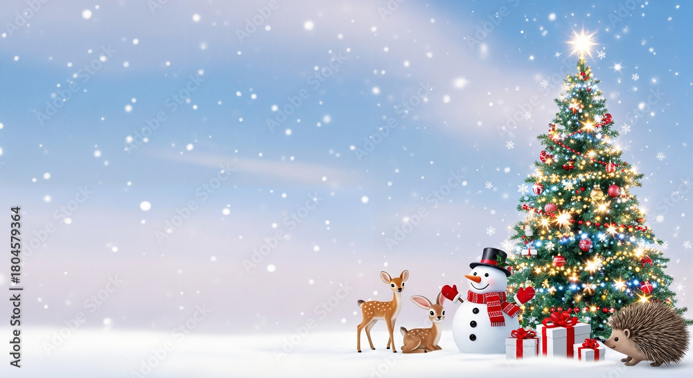 Naklejka premium A fabulous winter panorama: forest friends gathered under a fluffy snowfall and a shining Christmas tree — a snowman, a pair of fawns and a hedgehog with gifts, against the background of a frosty sky.