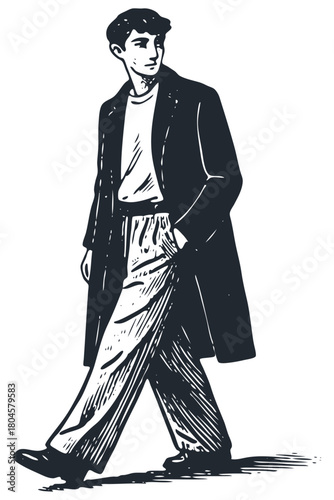 A young stylish man walks confidently in a long coat and trousers. Hand-drawn vector illustration in a vintage, retro engraving or woodcut print style.