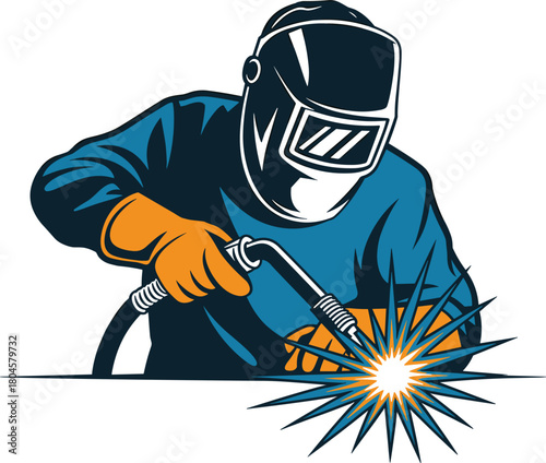 Professional welder working with sparks vector illustration, construction industry worker in protective helmet, manufacturing trade graphic design