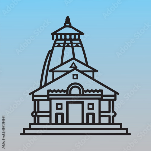 A simplified line-art vector icon of the Kedarnath Temple with sharp roof angles and clean Himalayan architectural features. Perfect for spiritual graphics, cultural icon packs, and festival designs