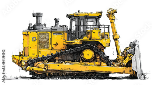 Yellow Bulldozer Illustration on Black and White Background