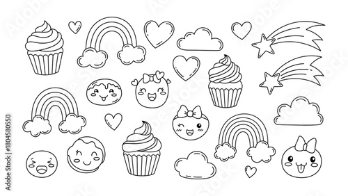 Whimsical Collection: A delightful collection of playful elements, including a vibrant rainbow, charming cupcake, adorable heart, and smiling cloud, all captured in a lively design. 