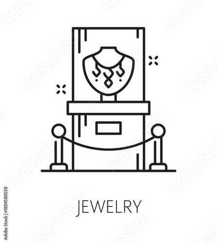 Jewelry exhibition museum exhibition line icon or symbol. Museum exhibit line vector sign, jewelry gallery pictogram. History exhibition symbol with woman precious jewelry necklace under glass cover