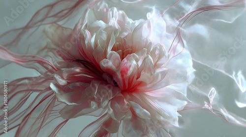 Ethereal silk peony flower in soft pink and white, fluid fabric texture with flowing petals, abstract floral design on dreamy background