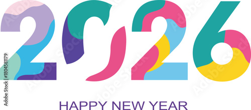 2026 numbers with abstract colorful shapes and happy new year text celebration