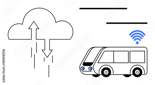 Cloud with data arrows linked to a smart bus symbolizing IoT, communication, and data sharing. Ideal for transportation, IoT, technology, connectivity, urban mobility, automation intelligent