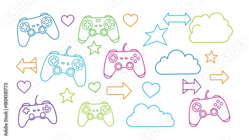 Digital Joypad Pattern: A vibrant pattern of interconnected joypads, stars, hearts, clouds, and arrows creates a lively digital world, representing gaming and communication.
