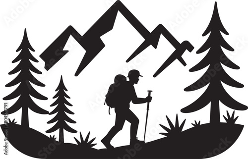 Silhouette hiker climbing mountain with trekking poles and backpack nature landscape