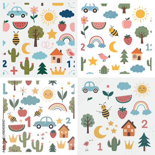 Cute seamless cartoon pattern with houses trees birds flowers and holiday decorations