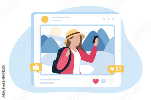 A social media post of a woman traveler with a backpack, taking a photo with her phone against a mountain backdrop.