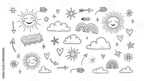 Whimsical Sky Elements: A delightful collection of hand-drawn illustrations features smiling suns, fluffy clouds, whimsical stars, playful arrows, and romantic rainbows.