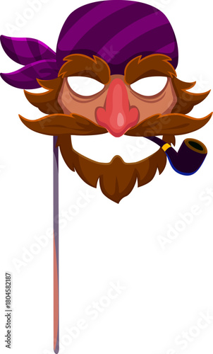 Caribbean pirate bearded face in bandana photo booth mask. Corsair sailor kids photo booth vector prop, Caribbean pirate captain sticker. Filibuster face mask with smoking pipe, mustaches and bandana