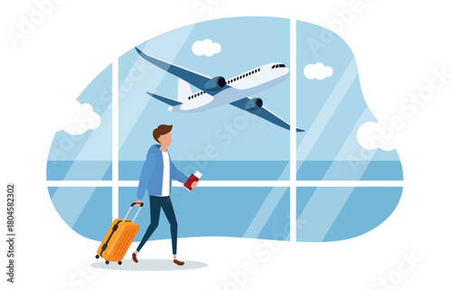 A traveler with luggage and passport at an airport, watching a plane take off, symbolizing travel, departure, and the anticipation of a journey.