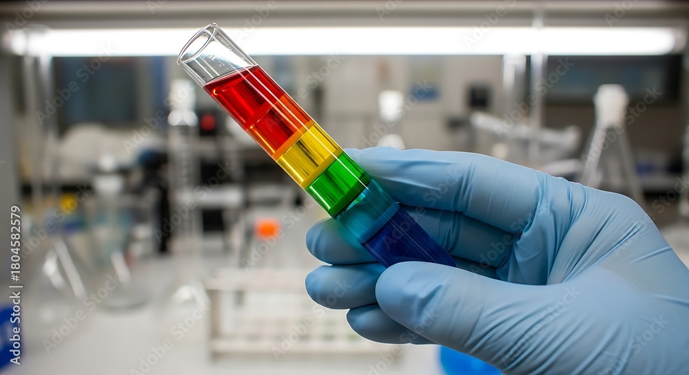 Naklejka premium Scientific research concept with a colorful density gradient in a test tube held by a chemist in a modern lab