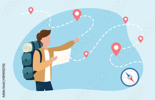 A traveler with a backpack, holding a map and pointing towards a route marked with location pins. It represents exploration, navigation, planning a journey, and finding direction.